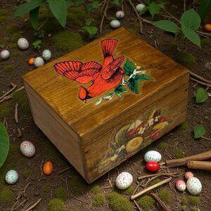 Vintage Wooden Box W Cardinal Rustic Decor Trinkets Woodsy Granolagirl W Lid
